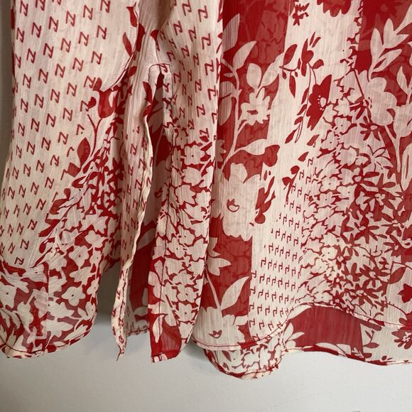 Susan Graver Women’s Size M Sheer Red White Floral Tie Neck Blouse Tunic L/S - Picture 5 of 6